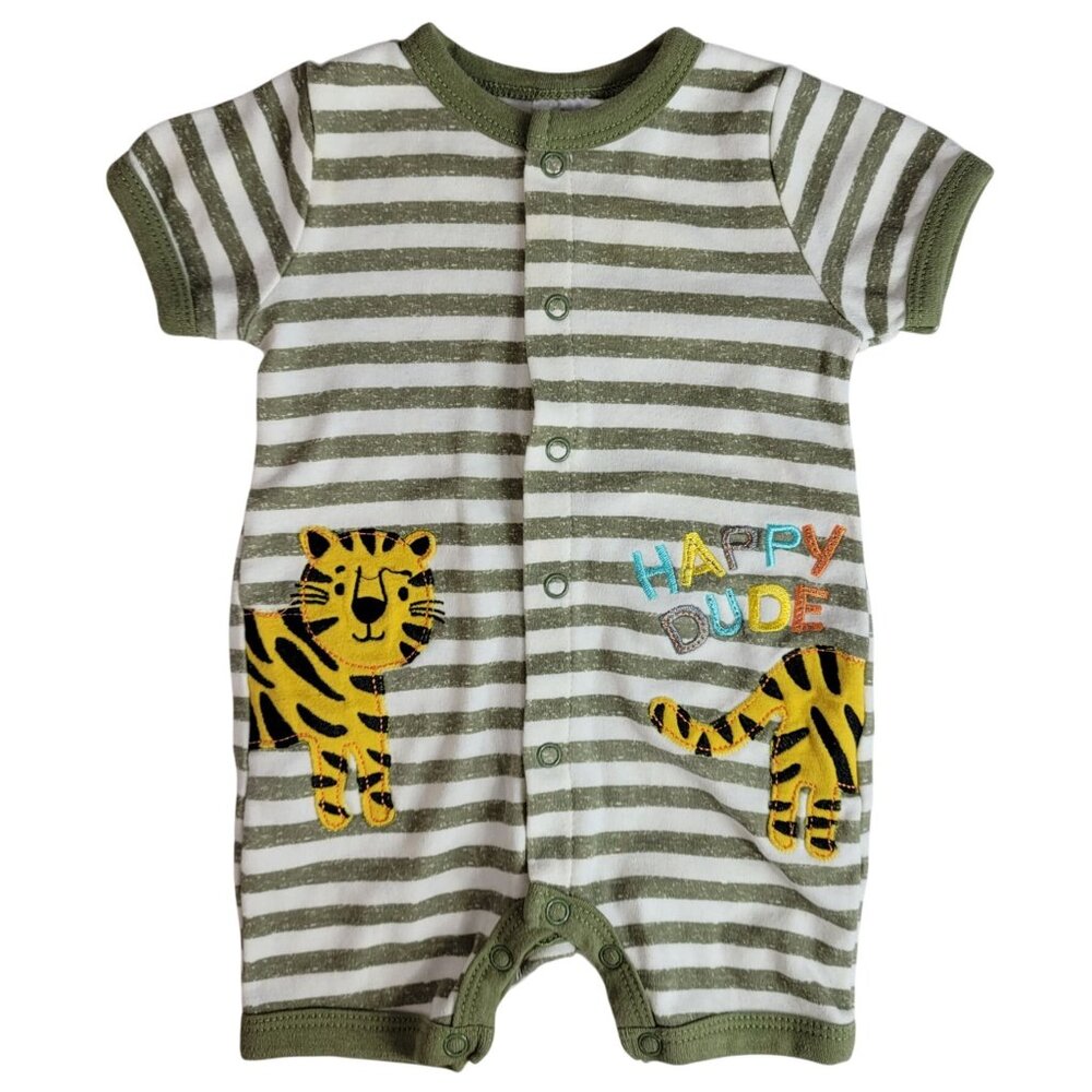 CJP Baby Romper Shortall Green 3-6M Short Sleeve Snaps Embroid Happy Dude Tiger